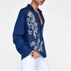 ZARA Elegant Blue Shirt with White Floral Design SIZE S